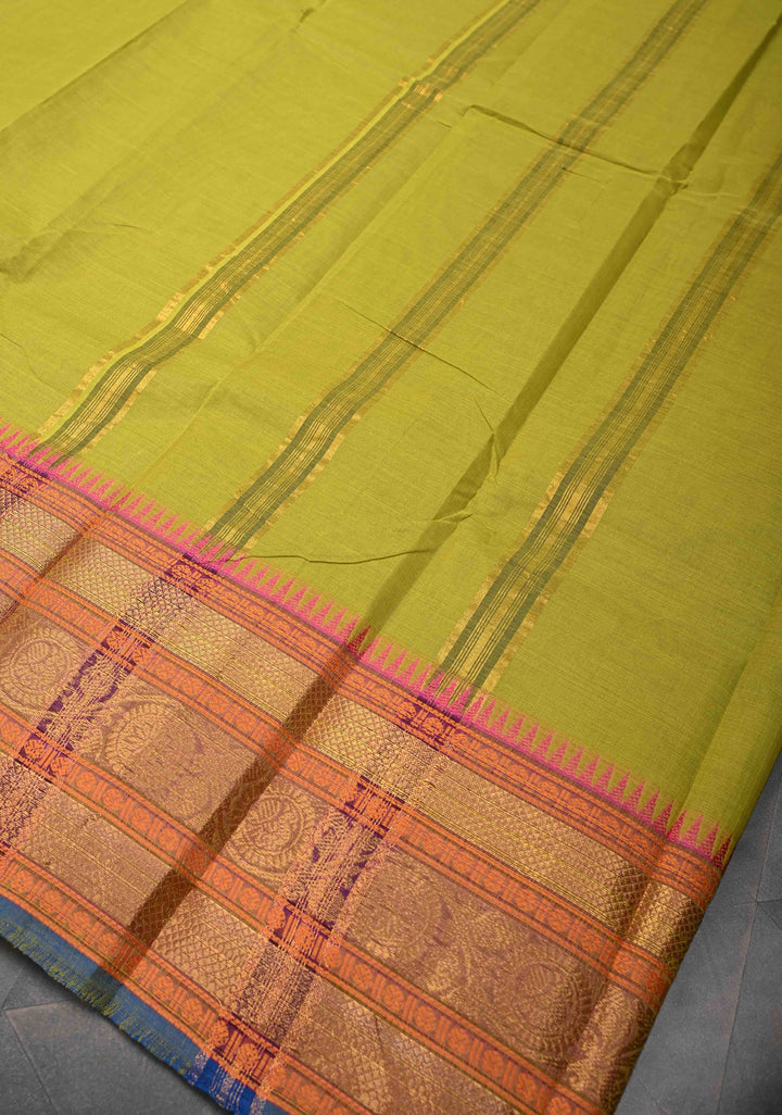 Moss Green Kanchi Cotton Saree with Contrast Zari Stripes Border, No Blouse piece