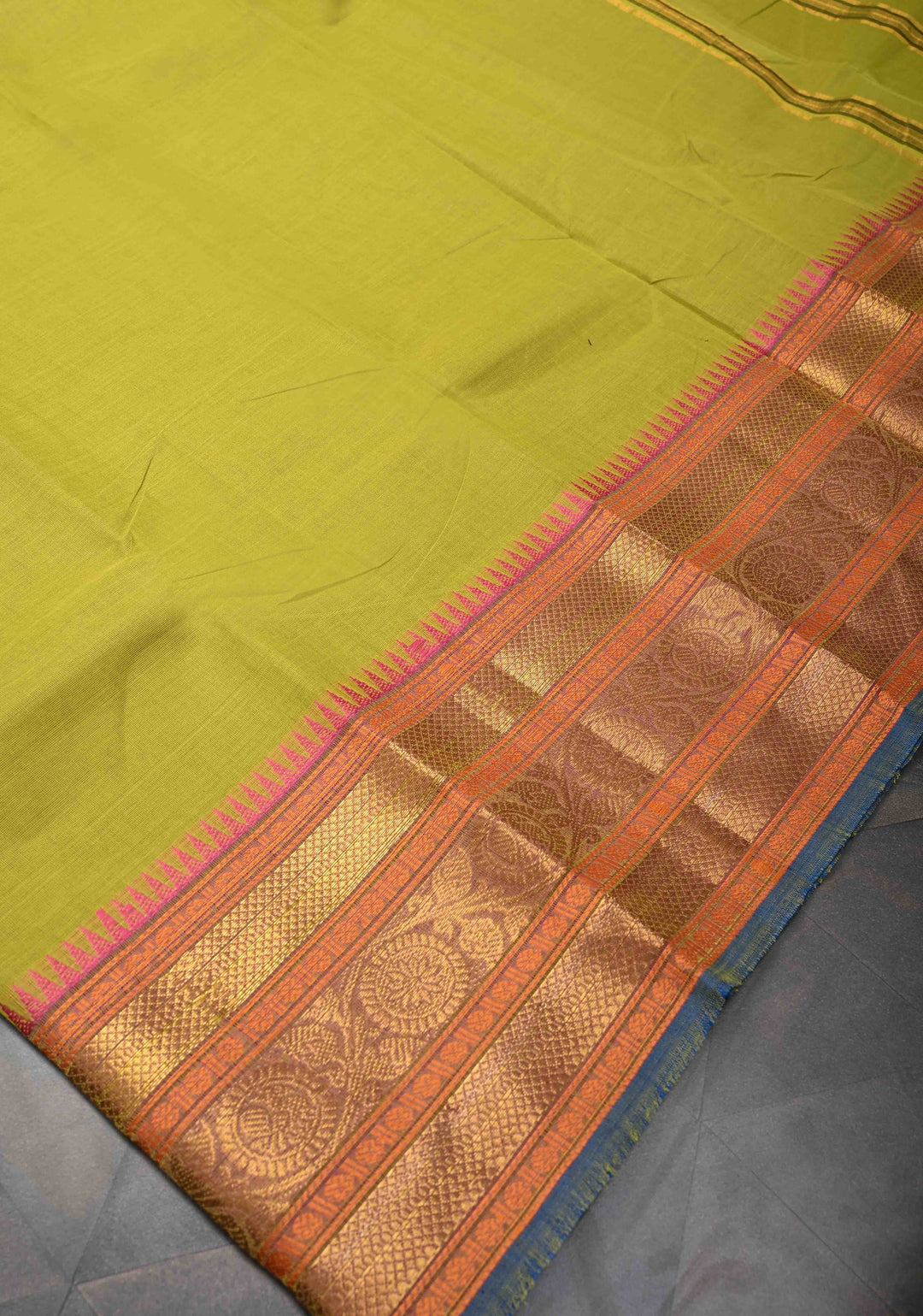 Moss Green Kanchi Cotton Saree with Contrast Zari Stripes Border, No Blouse piece