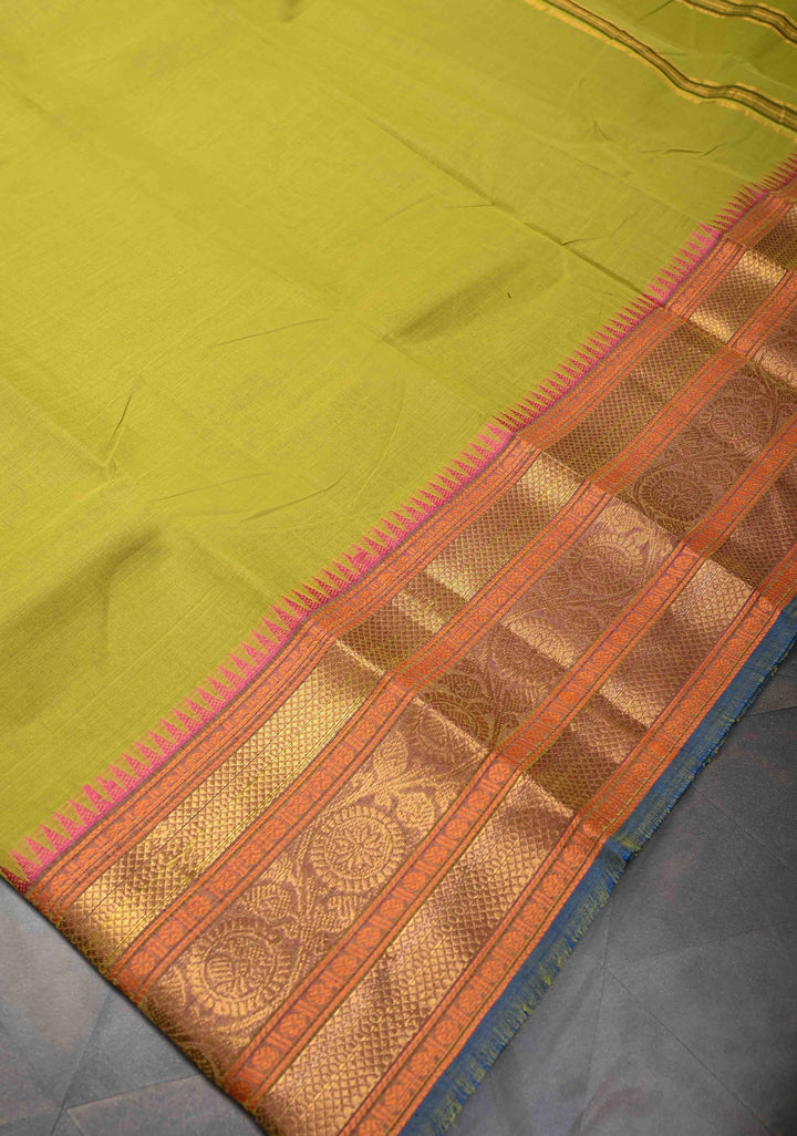 Moss Green Kanchi Cotton Saree with Contrast Zari Stripes Border, No Blouse piece
