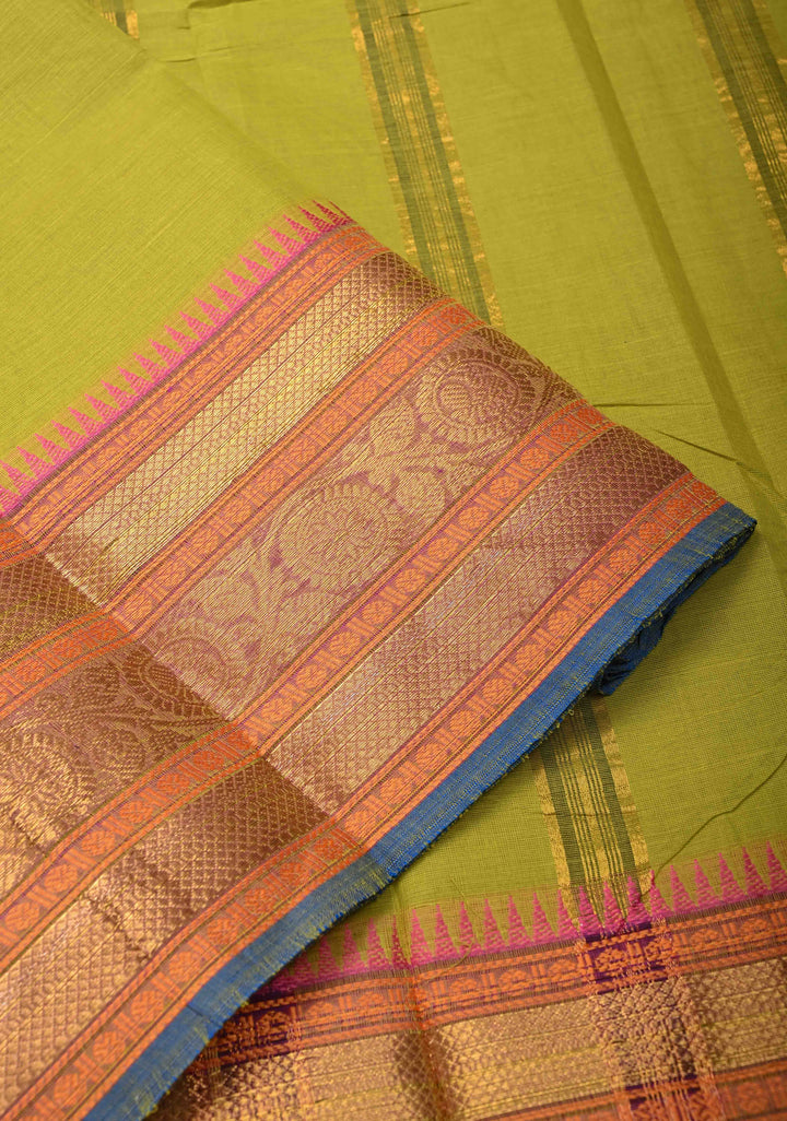 Moss Green Kanchi Cotton Saree with Contrast Zari Stripes Border, No Blouse piece