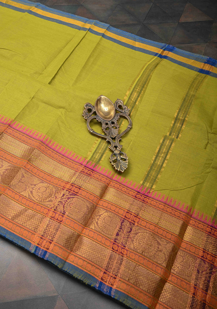 Moss Green Kanchi Cotton Saree with Contrast Zari Stripes Border, No Blouse piece