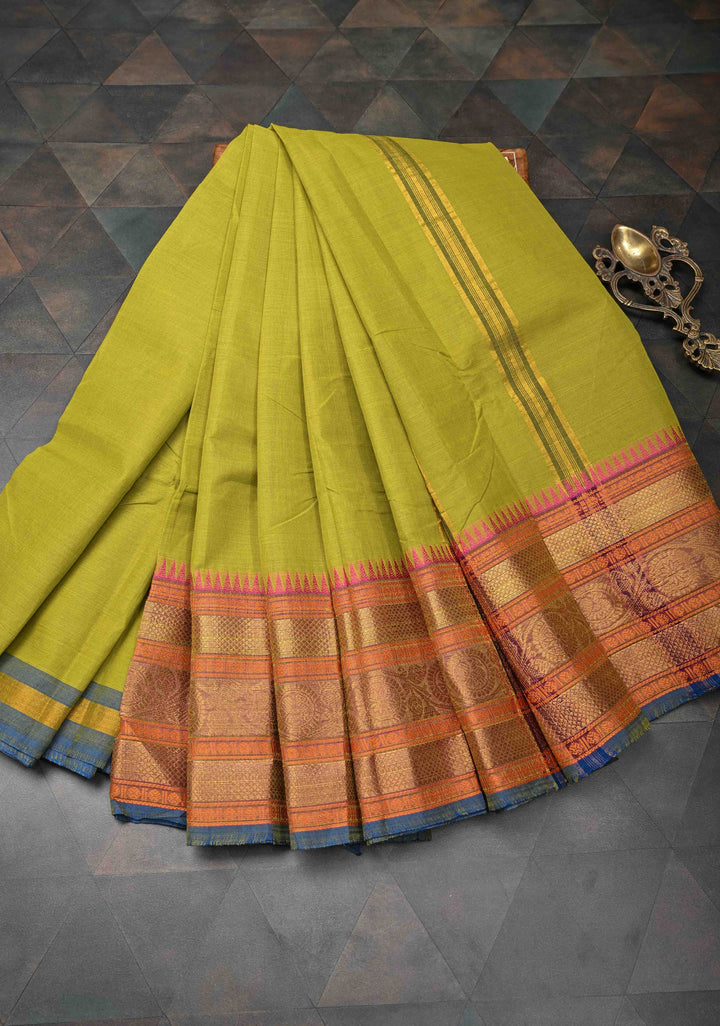 Moss Green Kanchi Cotton Saree with Contrast Zari Stripes Border, No Blouse piece
