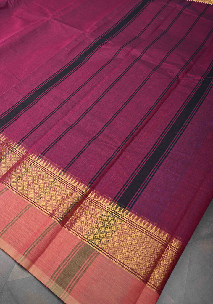 Dark Raspberry Kanchi Cotton Saree With Contrast Zari borders | No Blouse piece