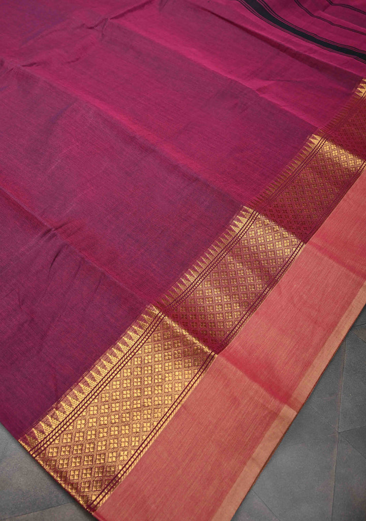 Dark Raspberry Kanchi Cotton Saree With Contrast Zari borders | No Blouse piece