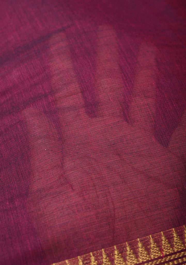 Dark Raspberry Kanchi Cotton Saree With Contrast Zari borders | No Blouse piece