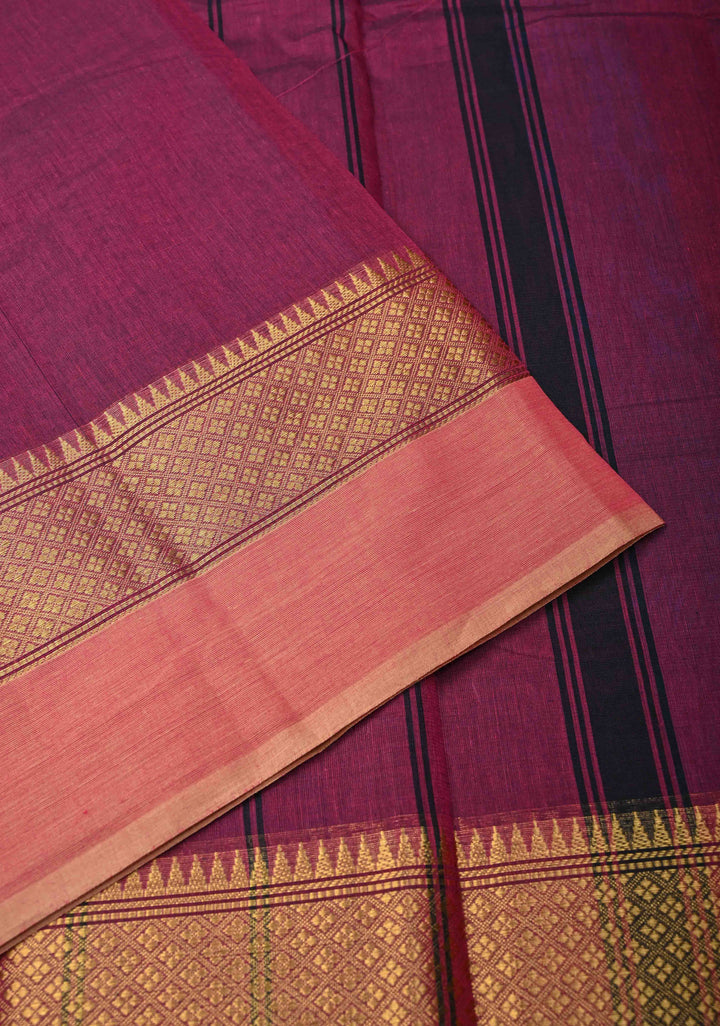 Dark Raspberry Kanchi Cotton Saree With Contrast Zari borders | No Blouse piece