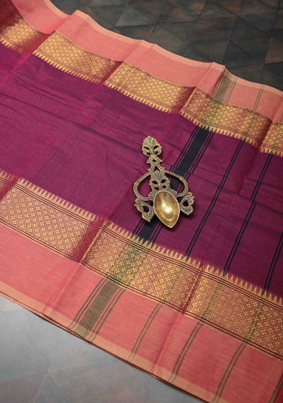 Dark Raspberry Kanchi Cotton Saree With Contrast Zari borders | No Blouse piece