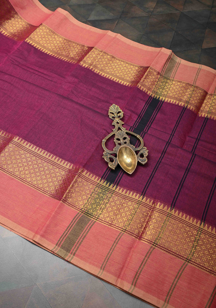 Dark Raspberry Kanchi Cotton Saree With Contrast Zari borders | No Blouse piece