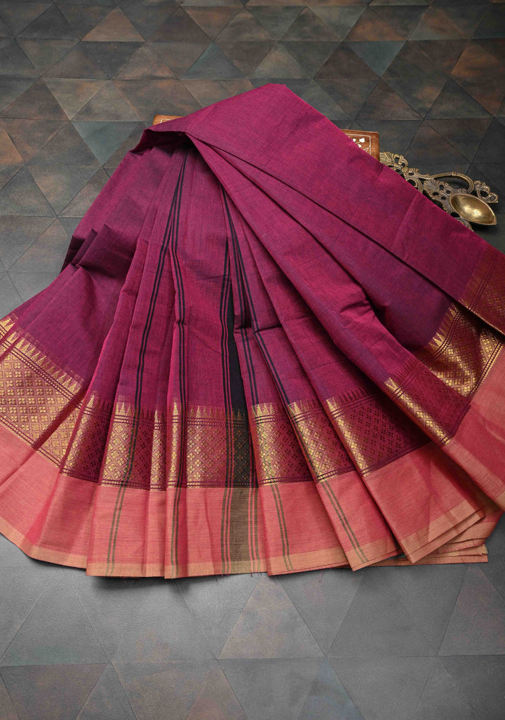 Dark Raspberry Kanchi Cotton Saree With Contrast Zari borders | No Blouse piece