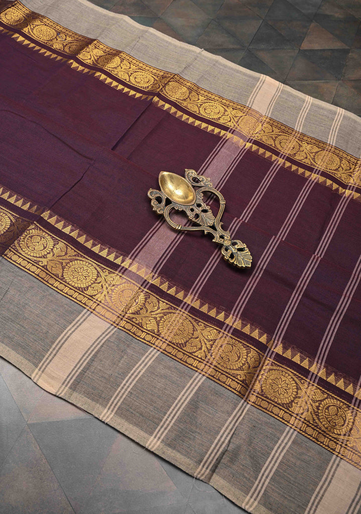 Plum Purple Kanchi Cotton Saree With Contrast Zari borders | No Blouse piece
