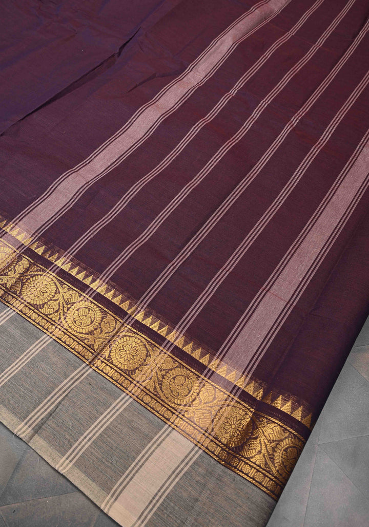 Plum Purple Kanchi Cotton Saree With Contrast Zari borders | No Blouse piece