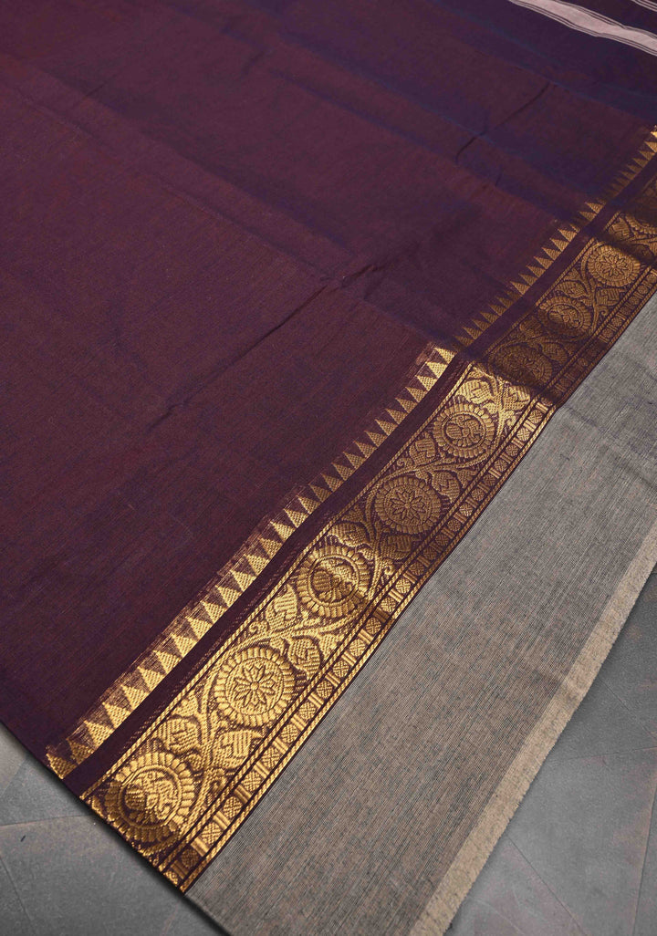 Plum Purple Kanchi Cotton Saree With Contrast Zari borders | No Blouse piece