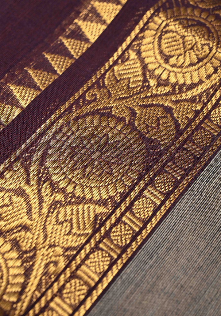 Plum Purple Kanchi Cotton Saree With Contrast Zari borders | No Blouse piece