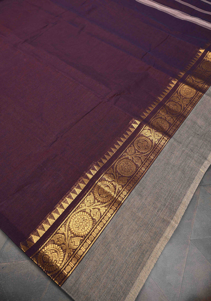 Plum Purple Kanchi Cotton Saree With Contrast Zari borders | No Blouse piece