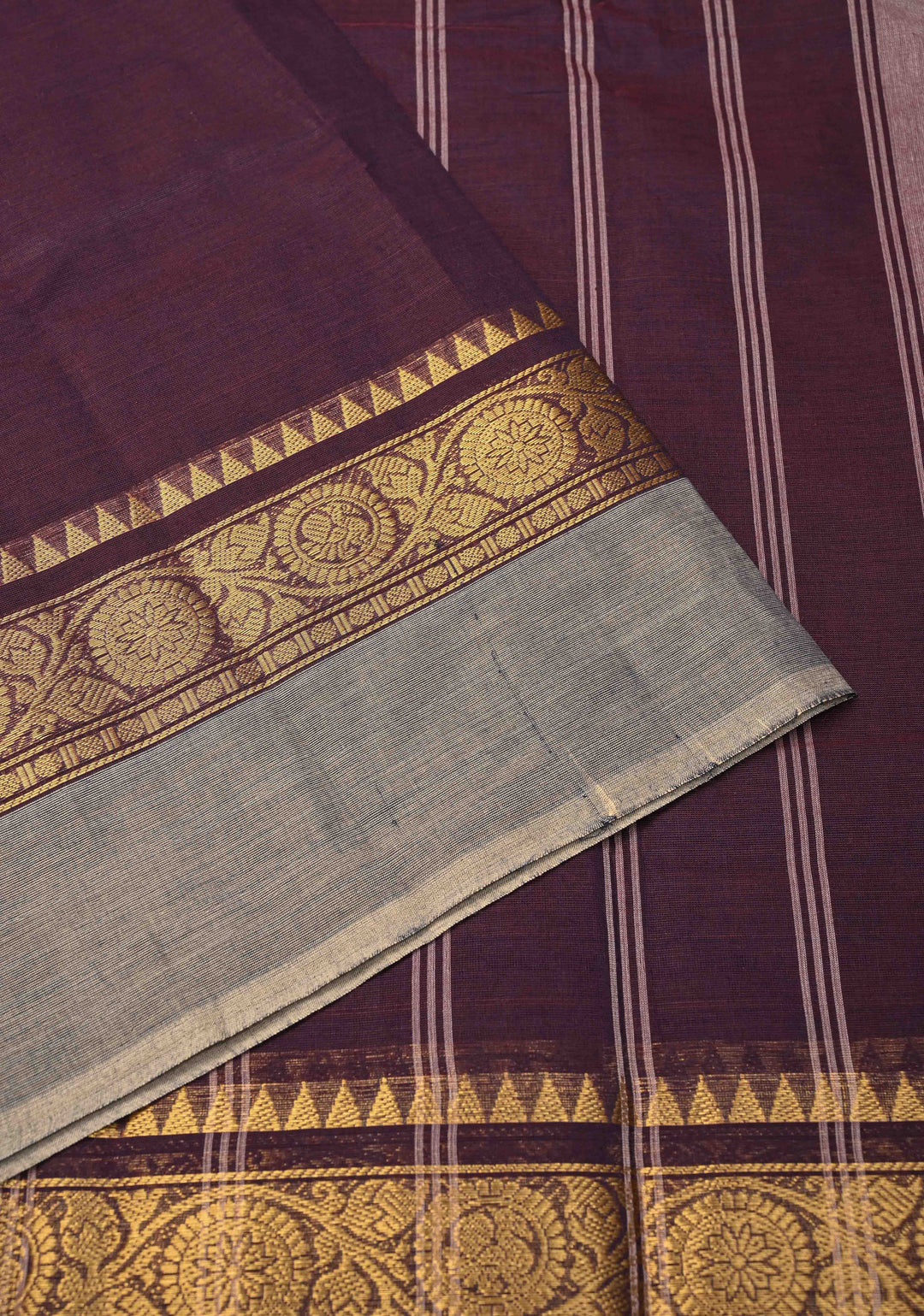 Plum Purple Kanchi Cotton Saree With Contrast Zari borders | No Blouse piece