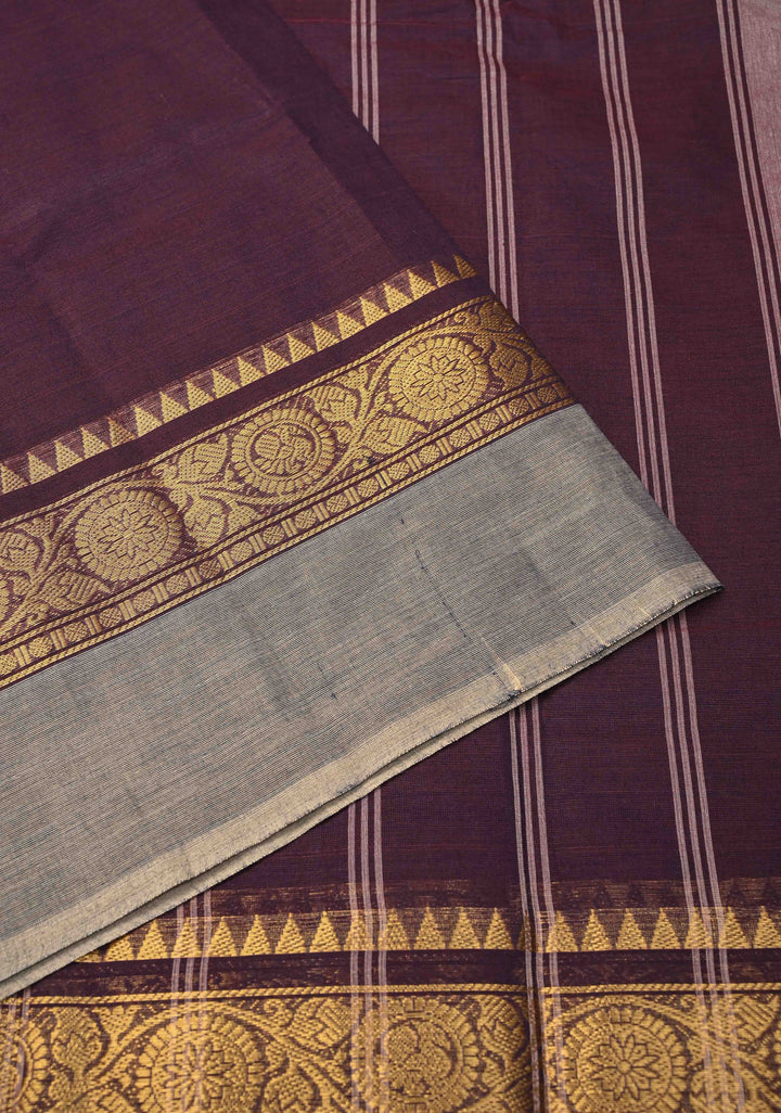 Plum Purple Kanchi Cotton Saree With Contrast Zari borders | No Blouse piece