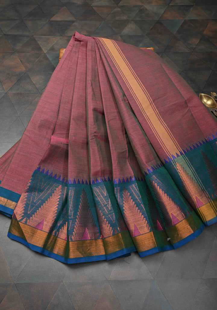 Brownish Purple Kanchi Cotton Saree With Temple Zari borders | No Blouse piece