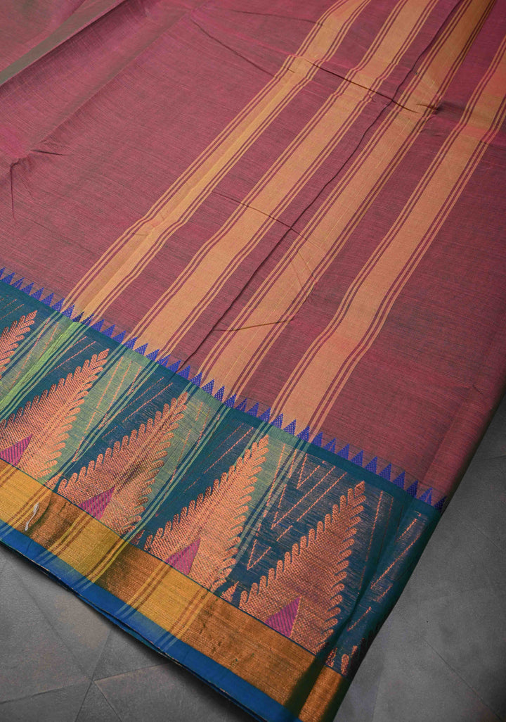 Brownish Purple Kanchi Cotton Saree With Temple Zari borders | No Blouse piece