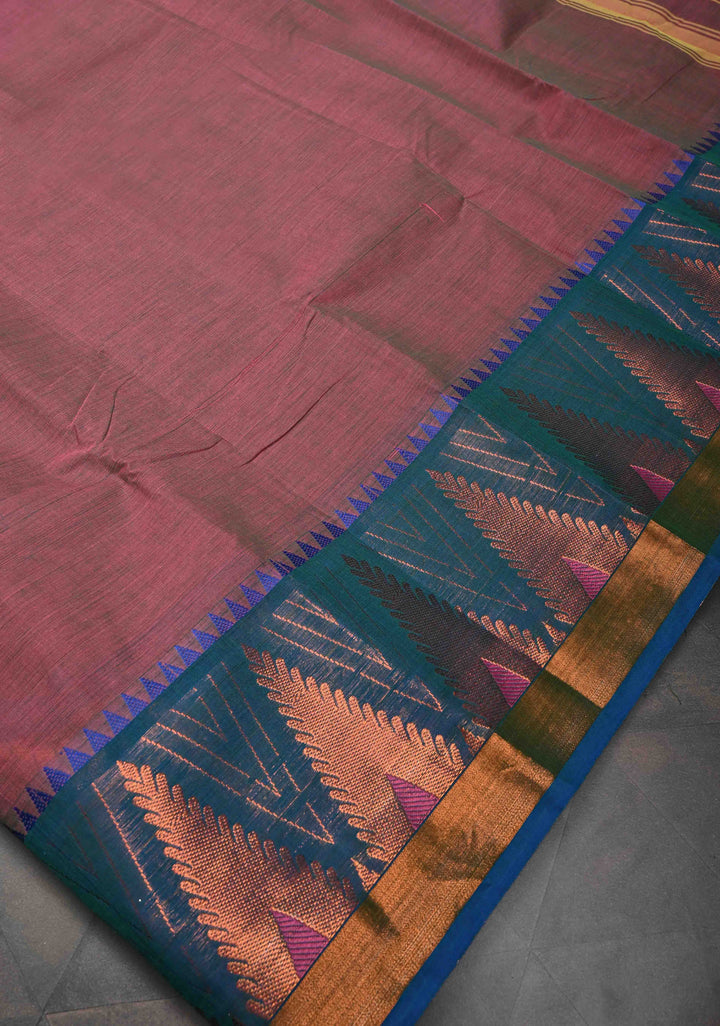 Brownish Purple Kanchi Cotton Saree With Temple Zari borders | No Blouse piece