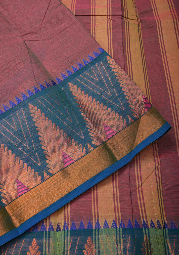 Brownish Purple Kanchi Cotton Saree With Temple Zari borders | No Blouse piece