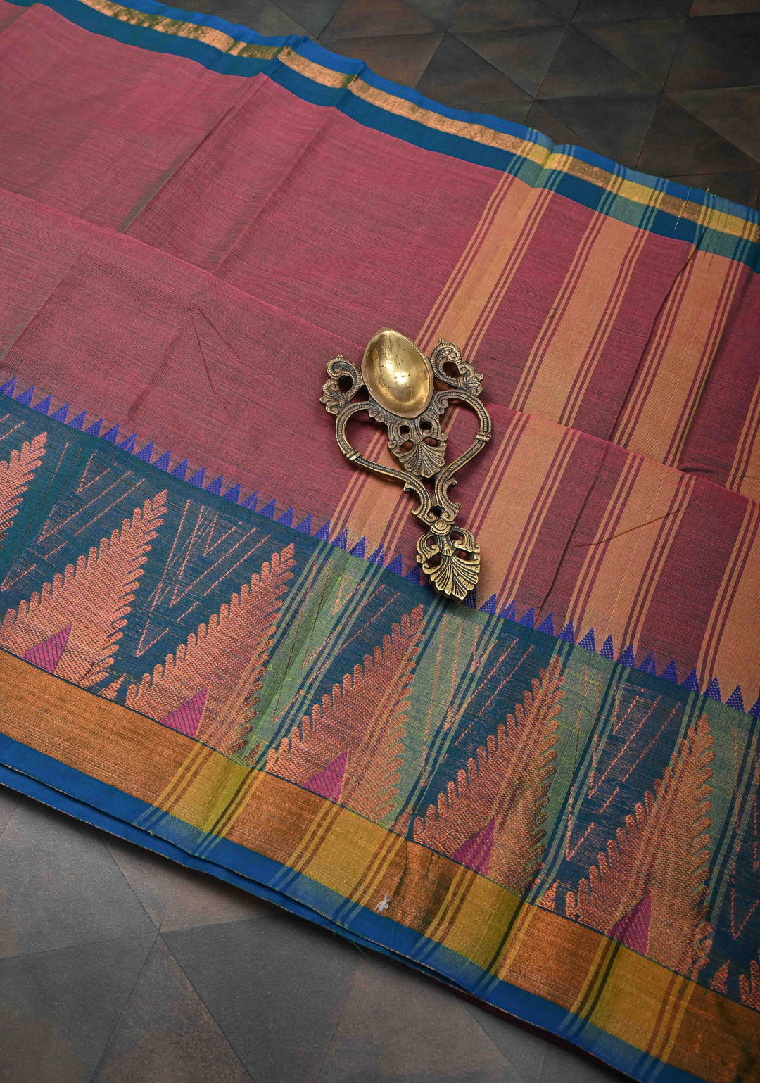 Brownish Purple Kanchi Cotton Saree With Temple Zari borders | No Blouse piece