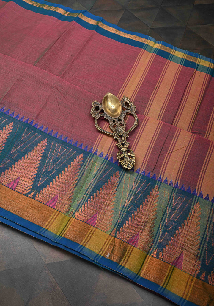 Brownish Purple Kanchi Cotton Saree With Temple Zari borders | No Blouse piece