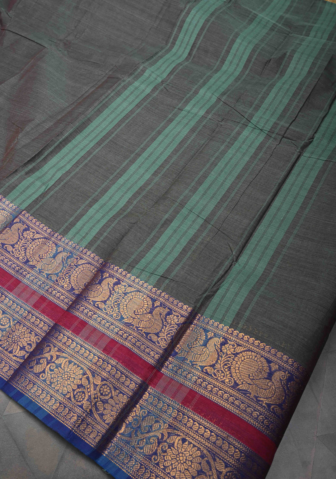 Deep Green Dual tone Kanchi Cotton Saree with Contrast Zari Border, No Blouse piece