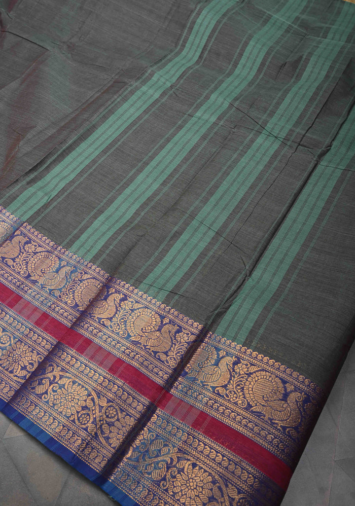 Deep Green Dual tone Kanchi Cotton Saree with Contrast Zari Border, No Blouse piece