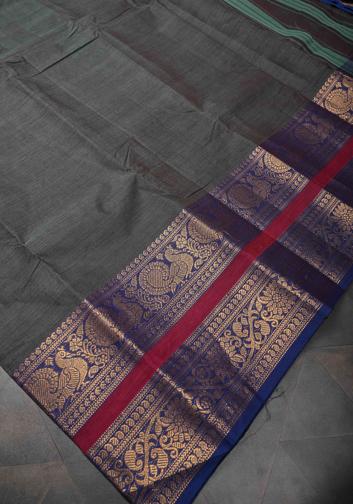 Deep Green Dual tone Kanchi Cotton Saree with Contrast Zari Border, No Blouse piece