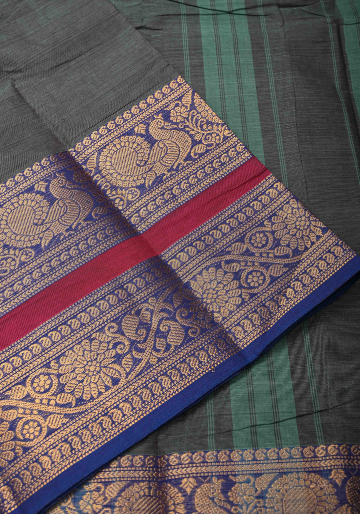 Deep Green Dual tone Kanchi Cotton Saree with Contrast Zari Border, No Blouse piece