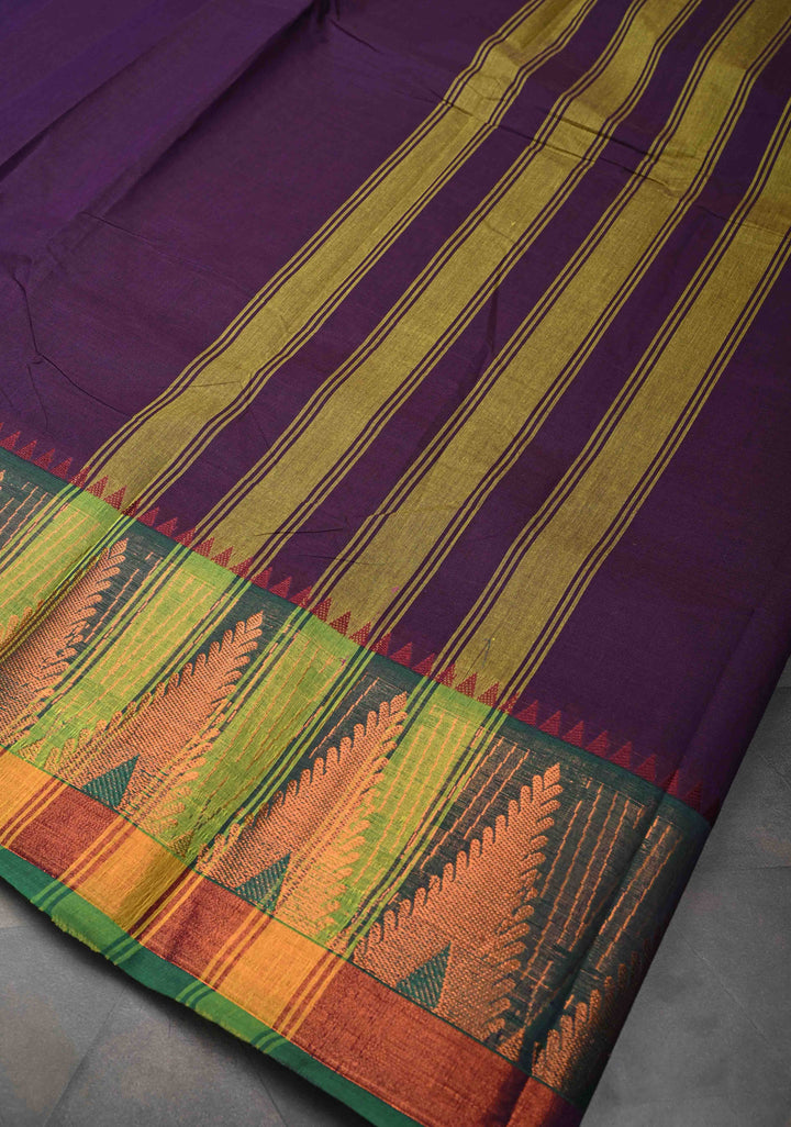 Dark Plum Kanchi Cotton Saree With Temple Zari borders | No Blouse piece