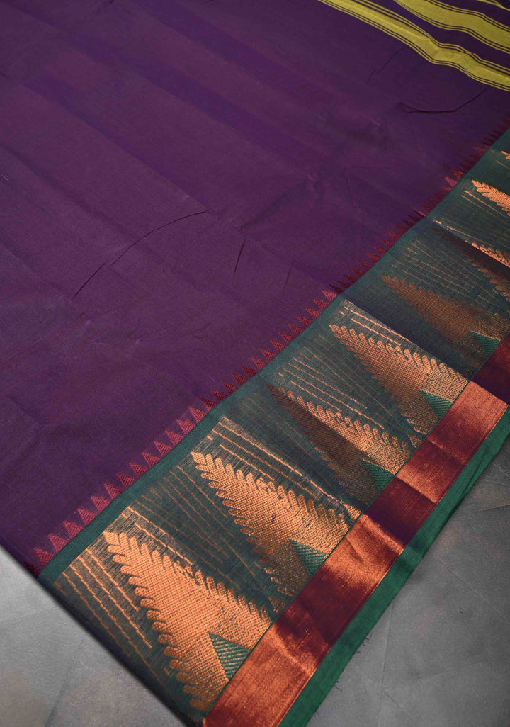 Dark Plum Kanchi Cotton Saree With Temple Zari borders | No Blouse piece