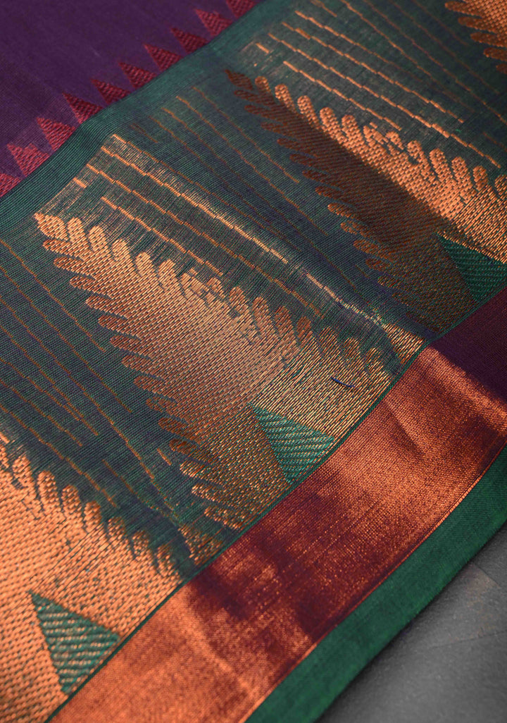 Dark Plum Kanchi Cotton Saree With Temple Zari borders | No Blouse piece