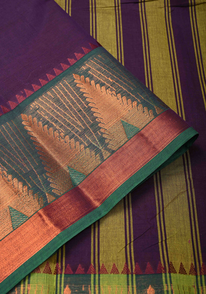 Dark Plum Kanchi Cotton Saree With Temple Zari borders | No Blouse piece
