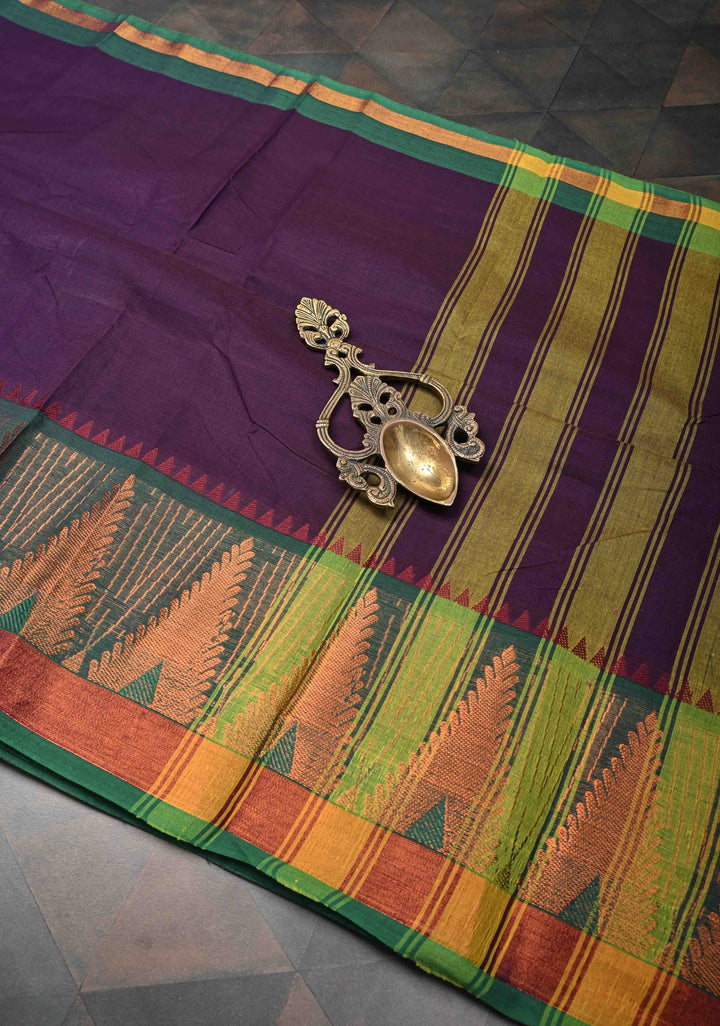 Dark Plum Kanchi Cotton Saree With Temple Zari borders | No Blouse piece