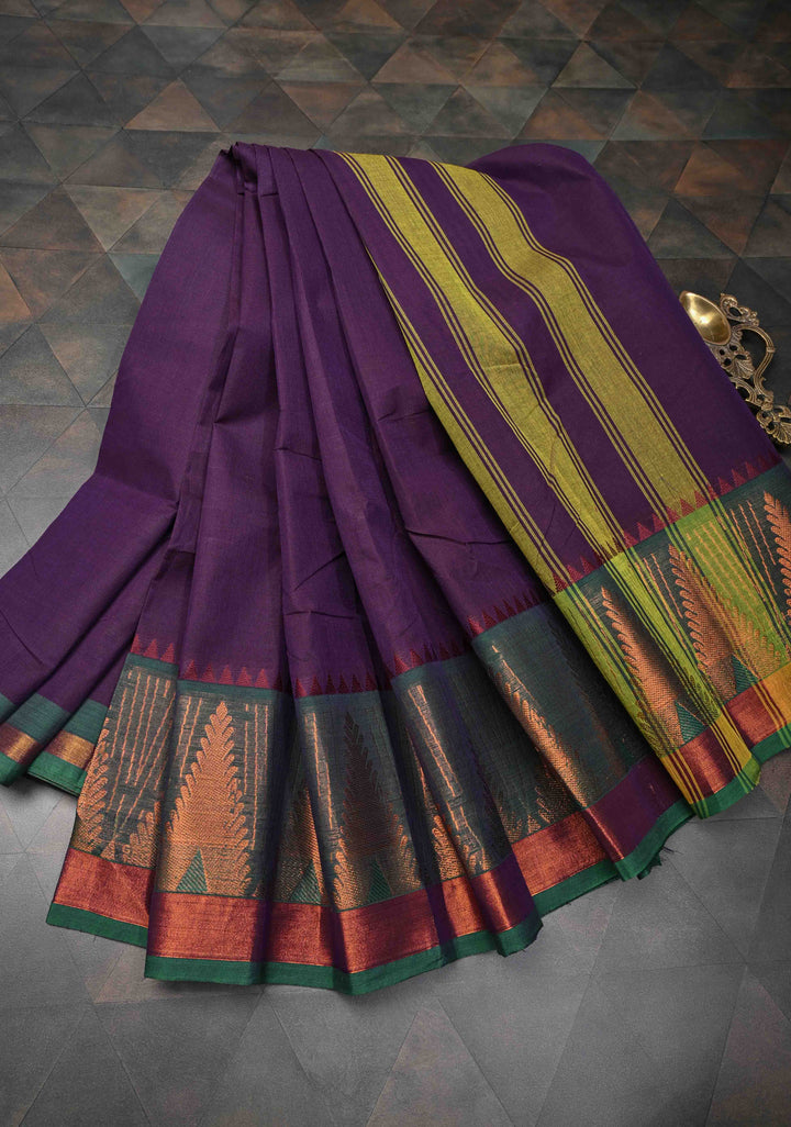 Dark Plum Kanchi Cotton Saree With Temple Zari borders | No Blouse piece
