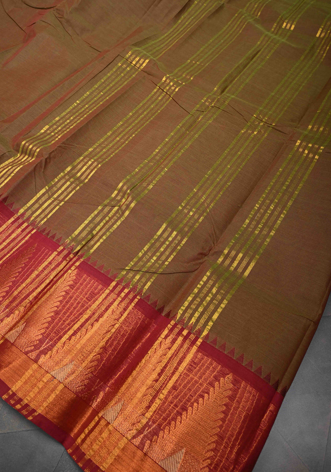 Brown Kanchi Cotton Saree With Temple Zari borders | No Blouse piece
