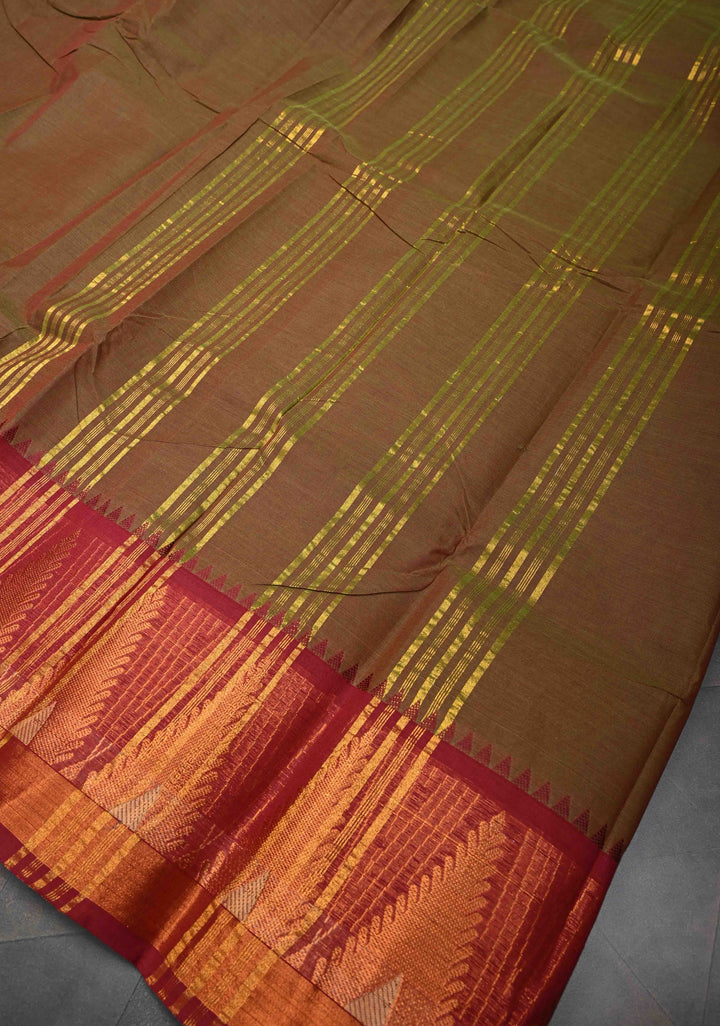 Brown Kanchi Cotton Saree With Temple Zari borders | No Blouse piece