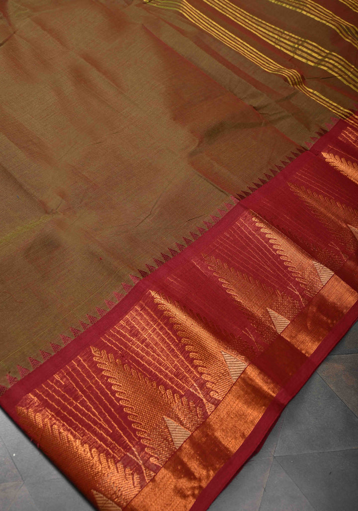 Brown Kanchi Cotton Saree With Temple Zari borders | No Blouse piece