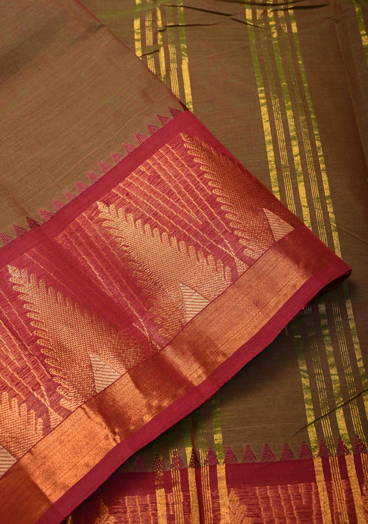 Brown Kanchi Cotton Saree With Temple Zari borders | No Blouse piece