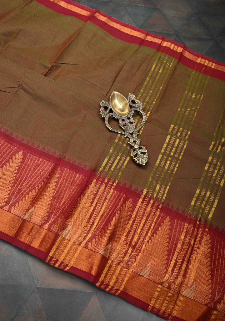 Brown Kanchi Cotton Saree With Temple Zari borders | No Blouse piece