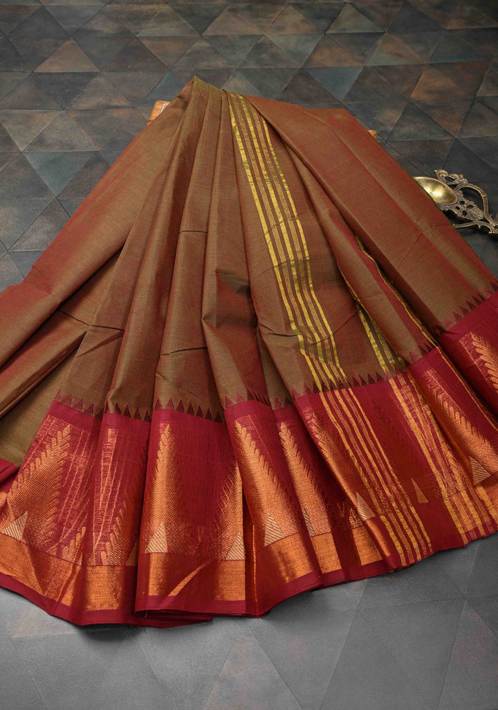 Brown Kanchi Cotton Saree With Temple Zari borders | No Blouse piece