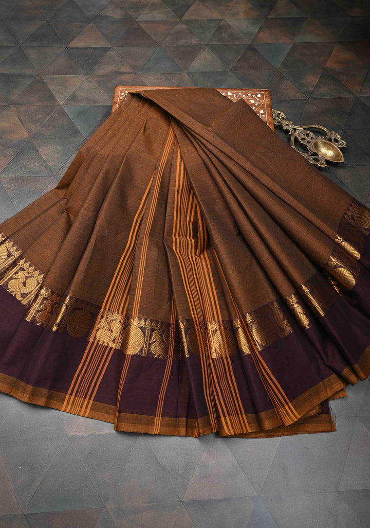 Brown Kanchi Cotton Saree With Zari border | No Blouse piece