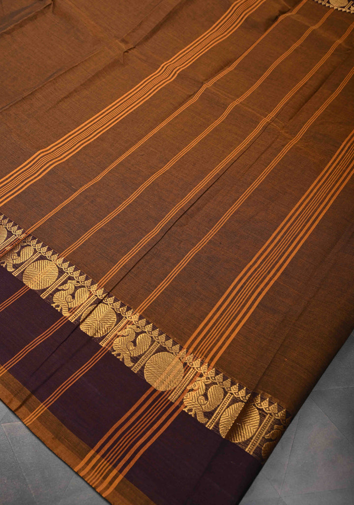 Brown Kanchi Cotton Saree With Zari border | No Blouse piece