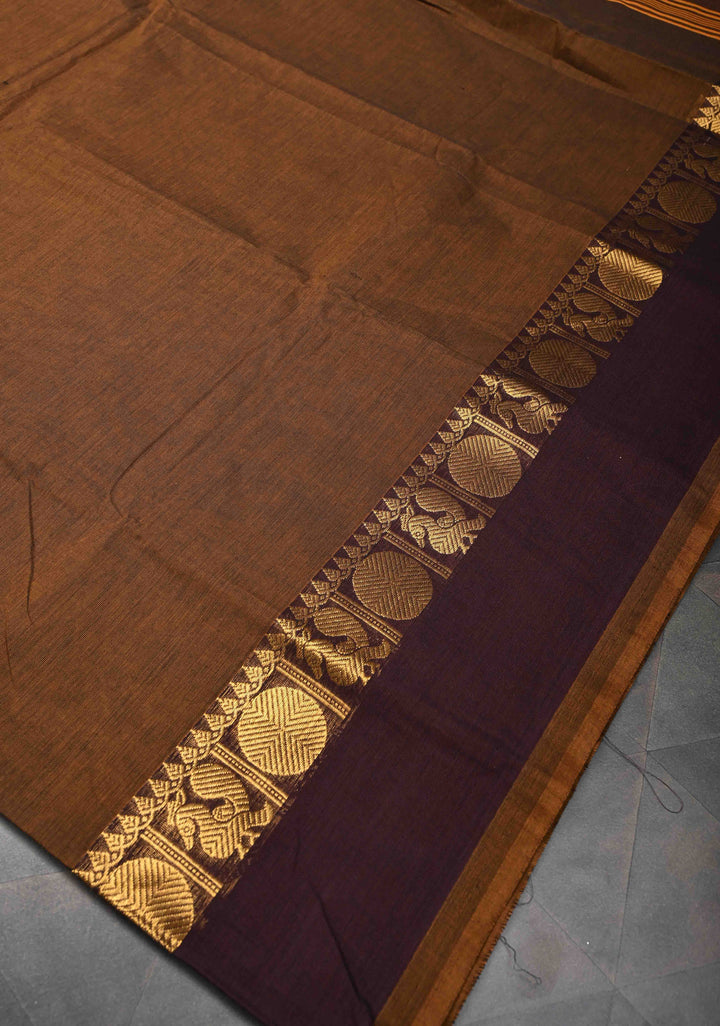 Brown Kanchi Cotton Saree With Zari border | No Blouse piece