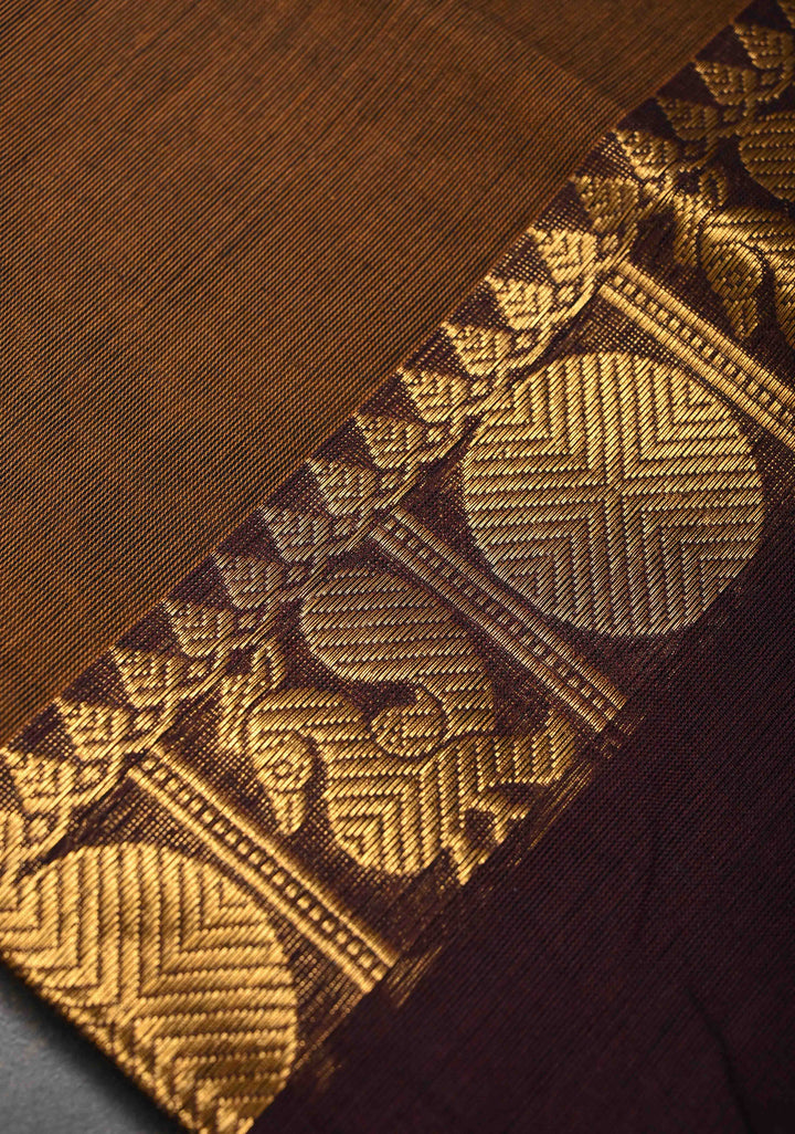 Brown Kanchi Cotton Saree With Zari border | No Blouse piece