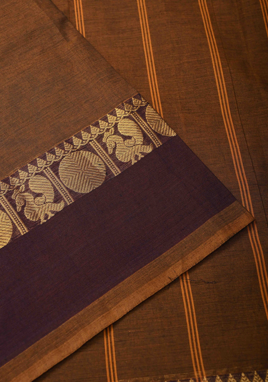 Brown Kanchi Cotton Saree With Zari border | No Blouse piece