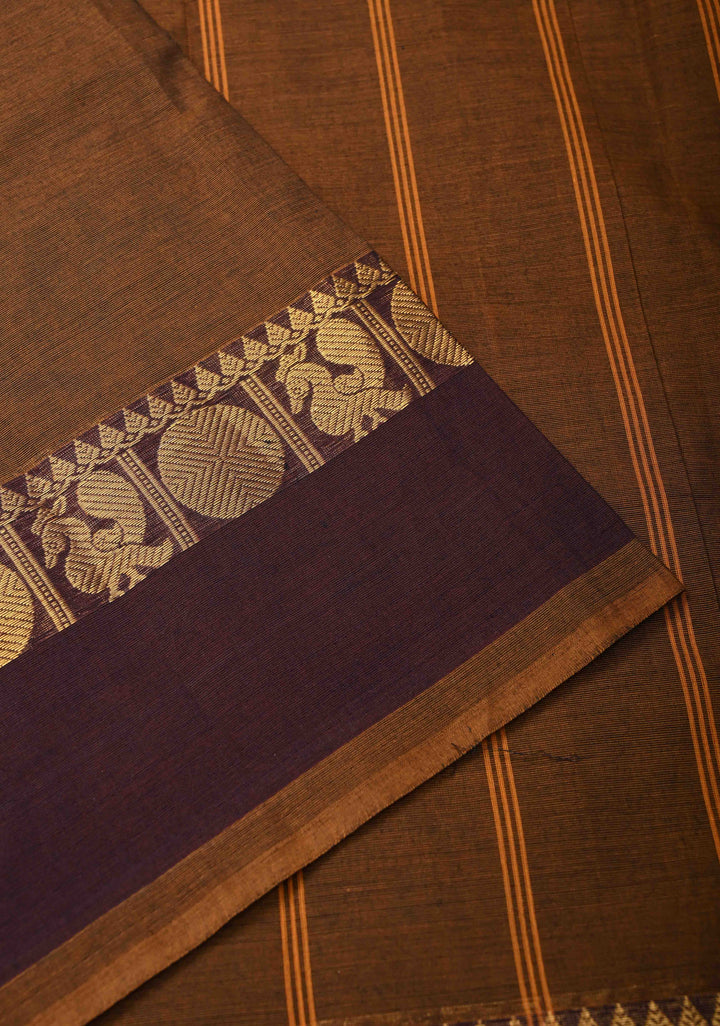 Brown Kanchi Cotton Saree With Zari border | No Blouse piece