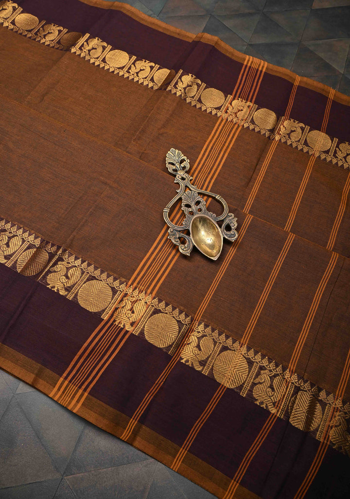 Brown Kanchi Cotton Saree With Zari border | No Blouse piece
