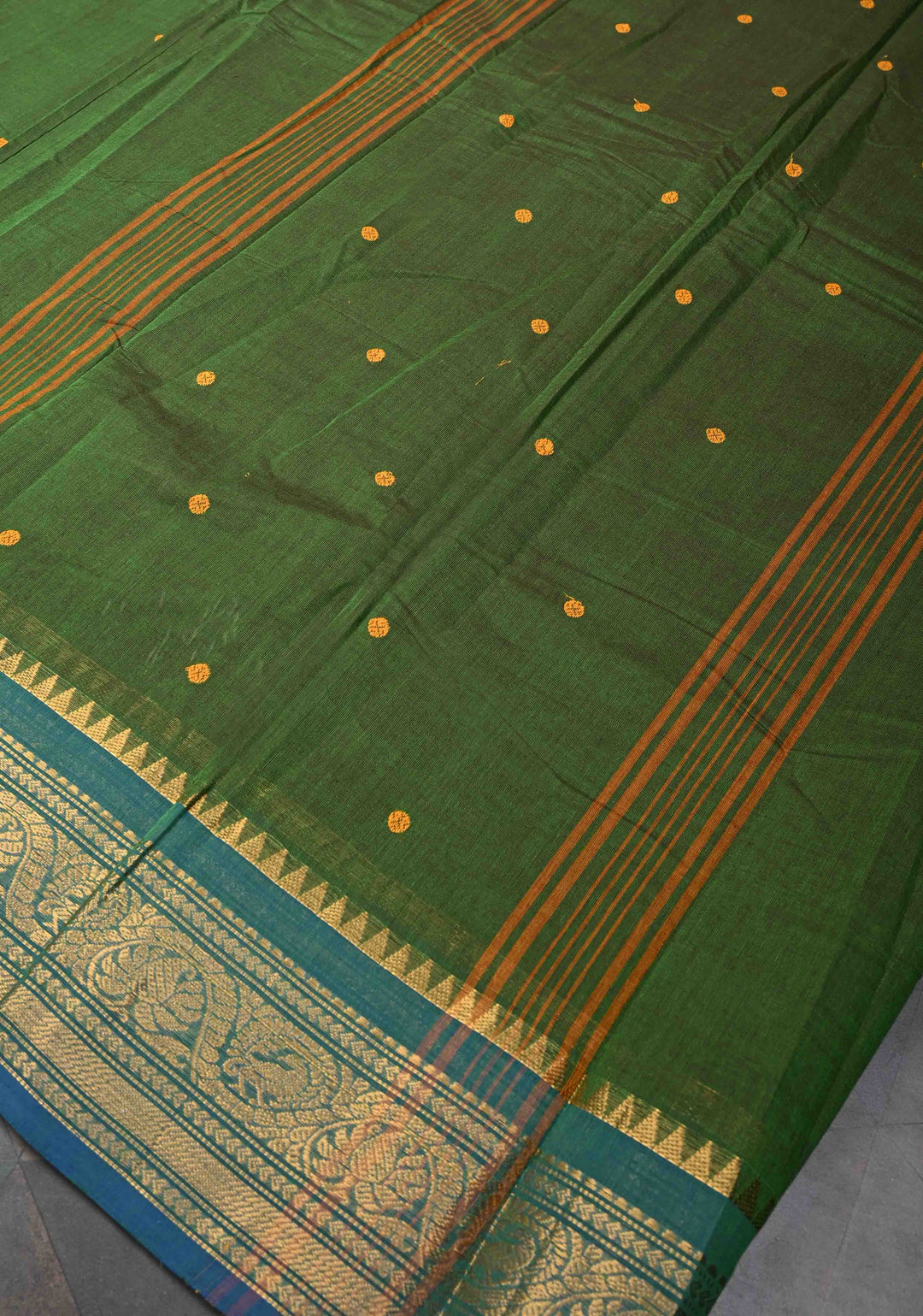 Olive Green Kanchi Cotton Saree with Buttas And Contrast Zari Border | No Blouse piece